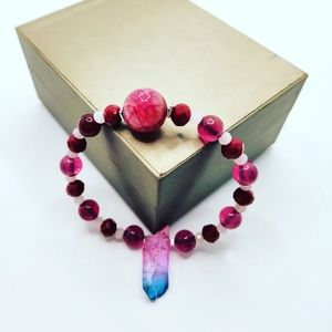 Pink Agate, Aura Quartz and Czech glass bracelet
